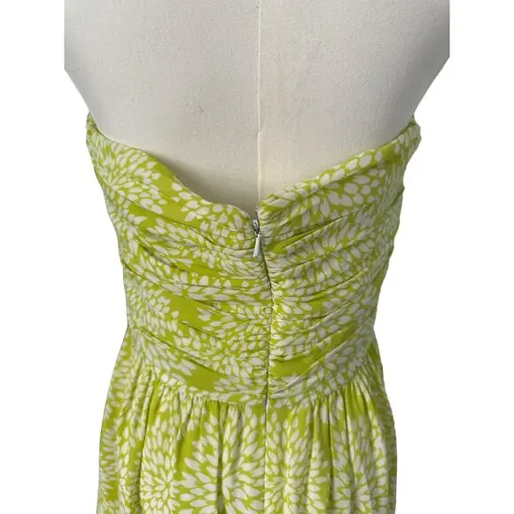 Shoshanna 100% Silk Dress Short Floral Boho Strapless Flowy Lime Neon Green Sz 6 - Picture 6 of 14